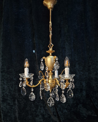 Stunning Vintage Italian 3 Arm Part Brass Part Gilded Crystal Chandelier Light