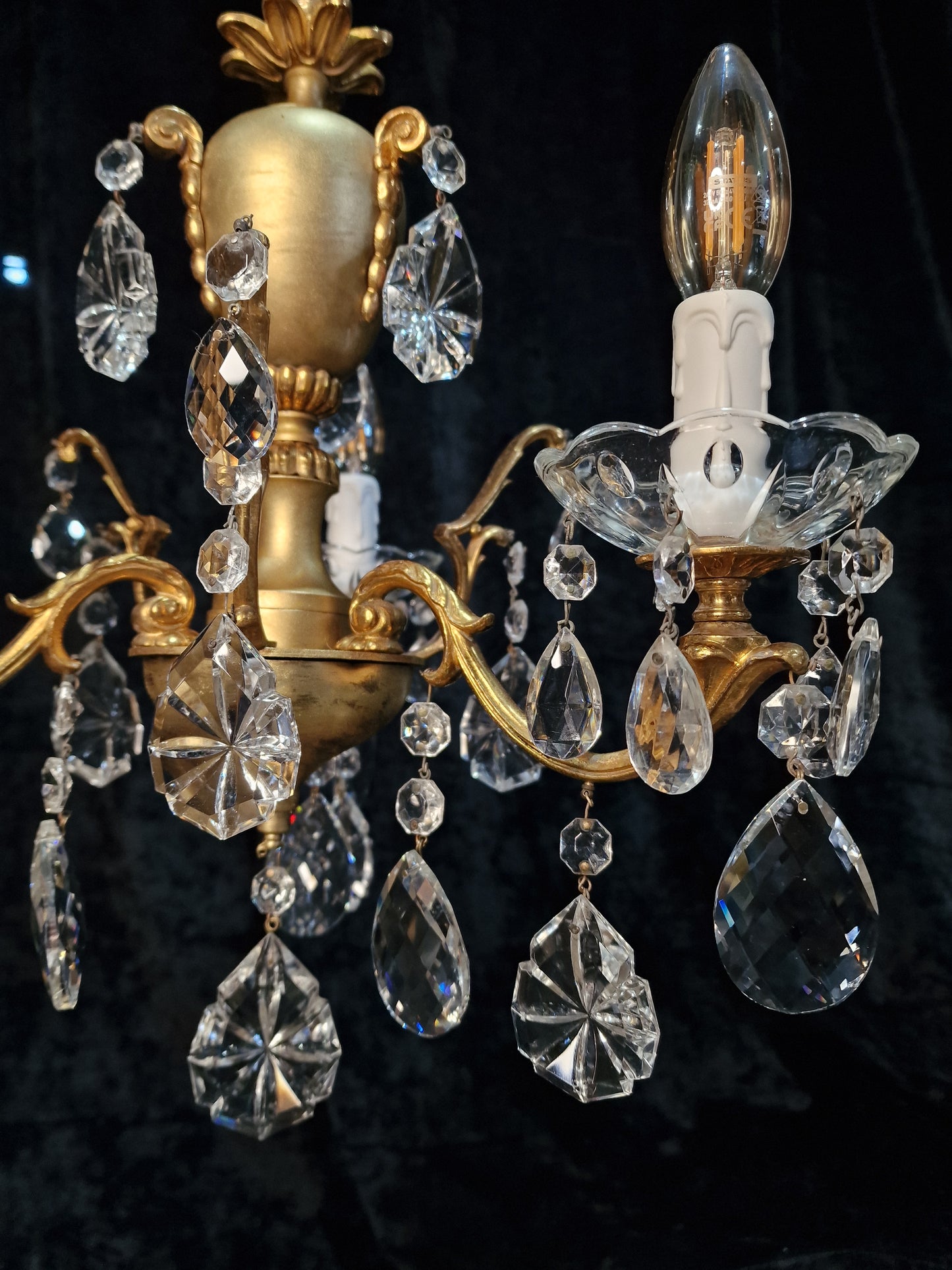 Stunning Vintage Italian 3 Arm Part Brass Part Gilded Crystal Chandelier Light