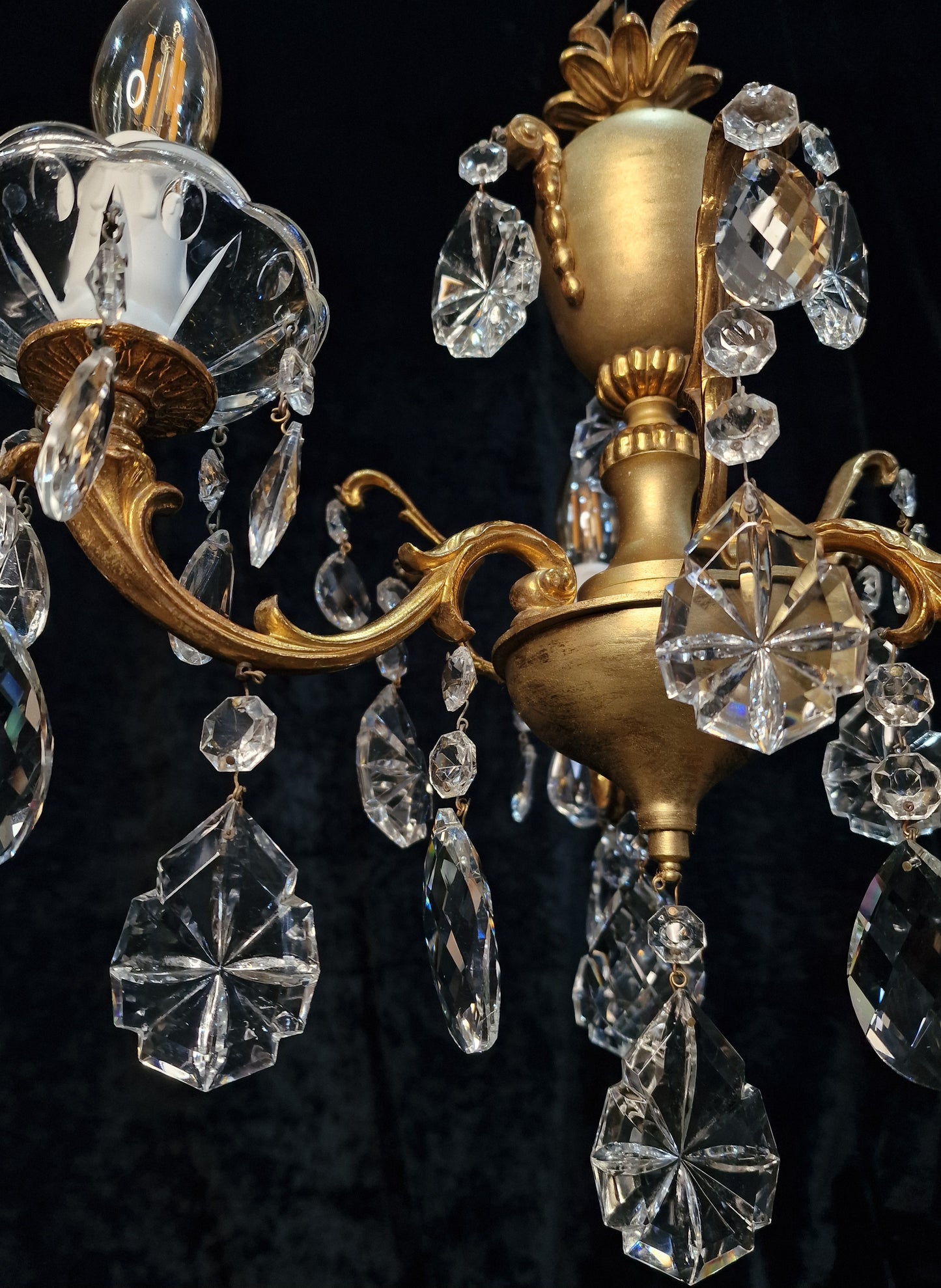 Stunning Vintage Italian 3 Arm Part Brass Part Gilded Crystal Chandelier Light