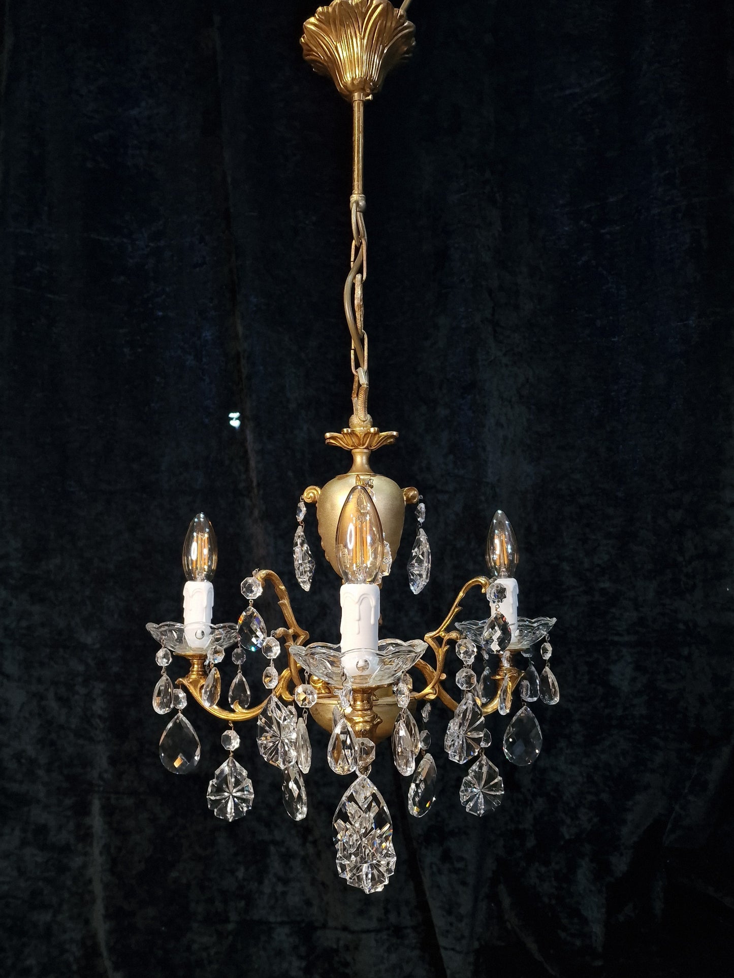 Stunning Vintage Italian 3 Arm Part Brass Part Gilded Crystal Chandelier Light