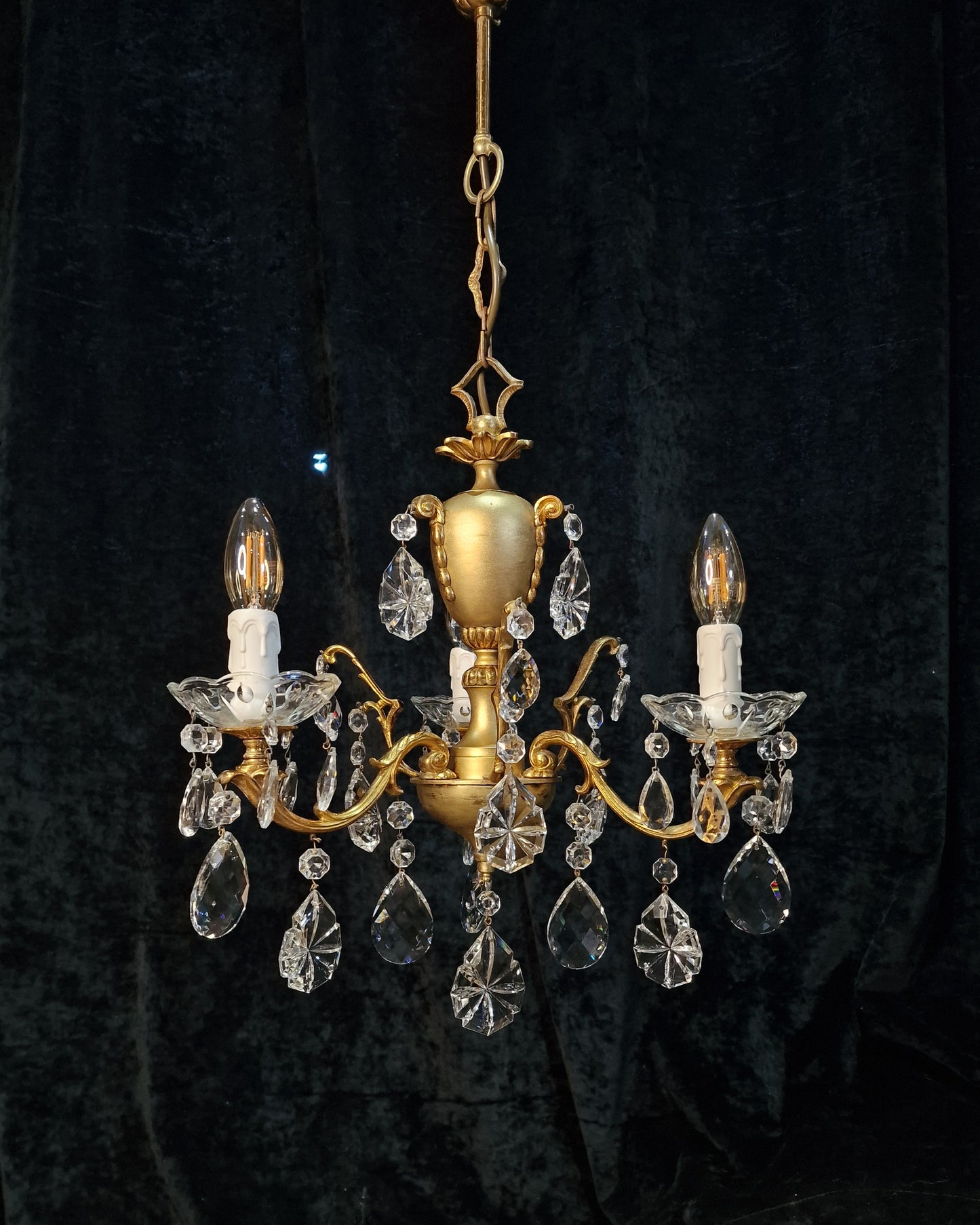 Stunning Vintage Italian 3 Arm Part Brass Part Gilded Crystal Chandelier Light
