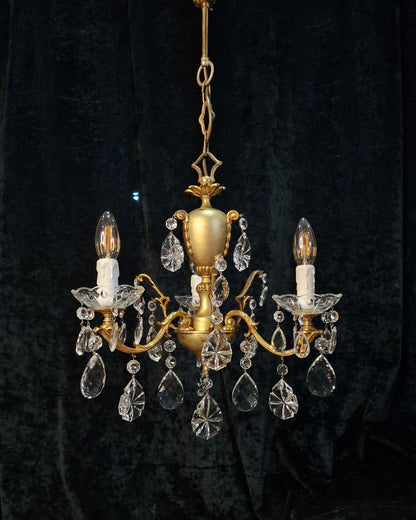 Stunning Vintage Italian 3 Arm Part Brass Part Gilded Crystal Chandelier Light