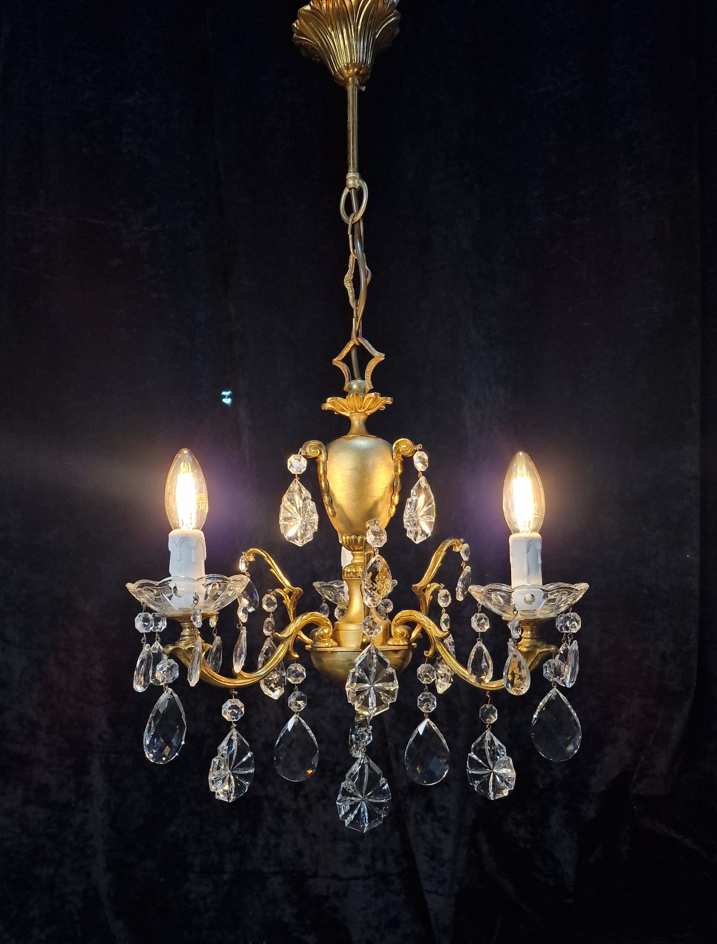 Stunning Vintage Italian 3 Arm Part Brass Part Gilded Crystal Chandelier Light