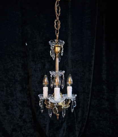 Lovely Petite Vintage Italian 3 Arm Brass Glass Crystal Chandelier Ceiling Light