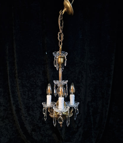 Lovely Petite Vintage Italian 3 Arm Brass Glass Crystal Chandelier Ceiling Light