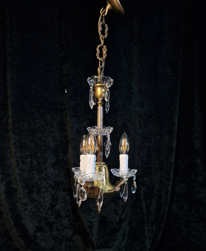 Lovely Petite Vintage Italian 3 Arm Brass Glass Crystal Chandelier Ceiling Light