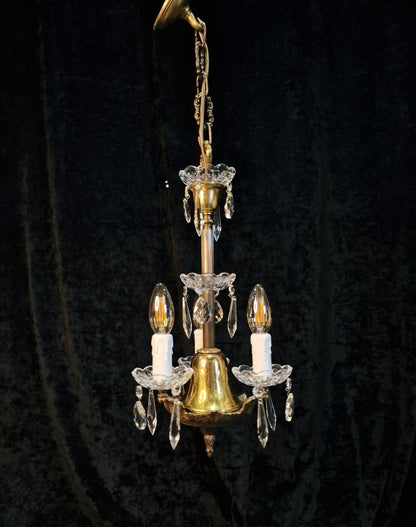 Lovely Petite Vintage Italian 3 Arm Brass Glass Crystal Chandelier Ceiling Light