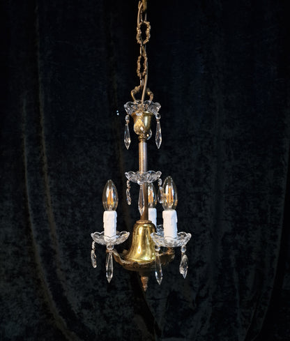 Lovely Petite Vintage Italian 3 Arm Brass Glass Crystal Chandelier Ceiling Light