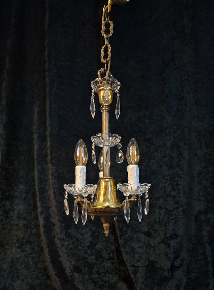 Lovely Petite Vintage Italian 3 Arm Brass Glass Crystal Chandelier Ceiling Light