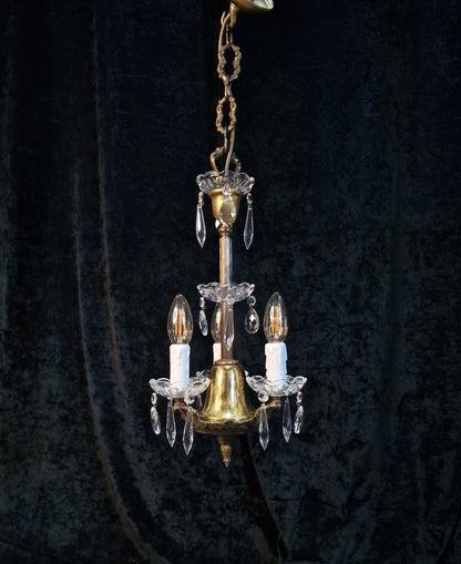 Lovely Petite Vintage Italian 3 Arm Brass Glass Crystal Chandelier Ceiling Light