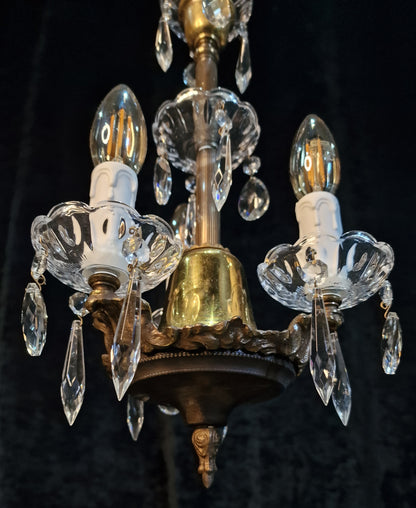 Lovely Petite Vintage Italian 3 Arm Brass Glass Crystal Chandelier Ceiling Light