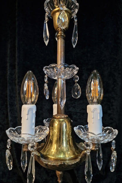 Lovely Petite Vintage Italian 3 Arm Brass Glass Crystal Chandelier Ceiling Light