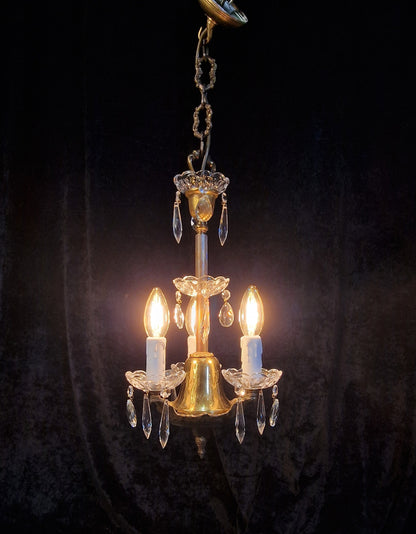 Lovely Petite Vintage Italian 3 Arm Brass Glass Crystal Chandelier Ceiling Light