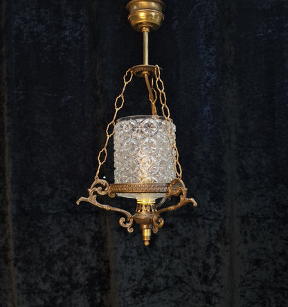 Unique Vintage Italian 1 Light Brass Pendant Hanging Lantern with Glass Shade