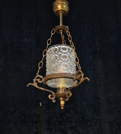 Unique Vintage Italian 1 Light Brass Pendant Hanging Lantern with Glass Shade