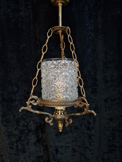 Unique Vintage Italian 1 Light Brass Pendant Hanging Lantern with Glass Shade