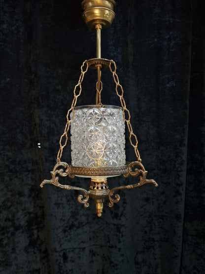 Unique Vintage Italian 1 Light Brass Pendant Hanging Lantern with Glass Shade