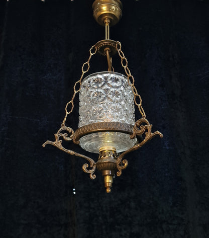Unique Vintage Italian 1 Light Brass Pendant Hanging Lantern with Glass Shade