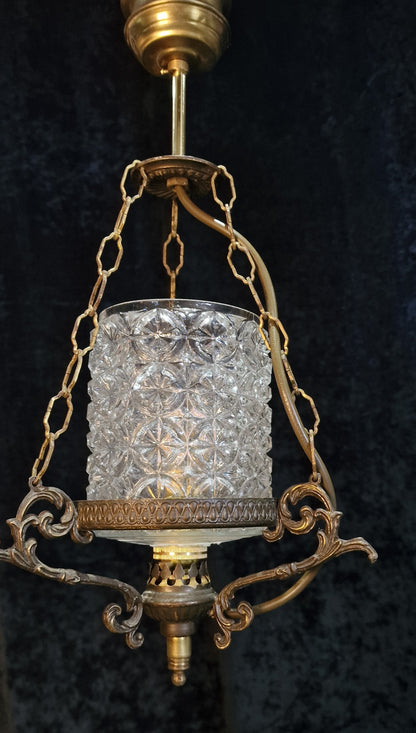 Unique Vintage Italian 1 Light Brass Pendant Hanging Lantern with Glass Shade