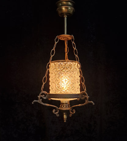 Unique Vintage Italian 1 Light Brass Pendant Hanging Lantern with Glass Shade