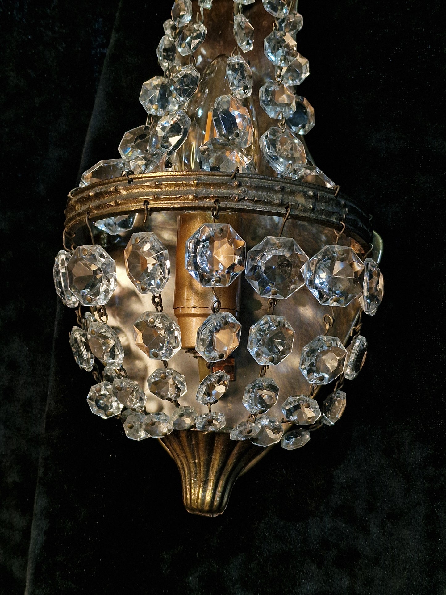 Traditional Pair Vintage French 1 Light Crystal Brass Wall Lights Wall Sconces