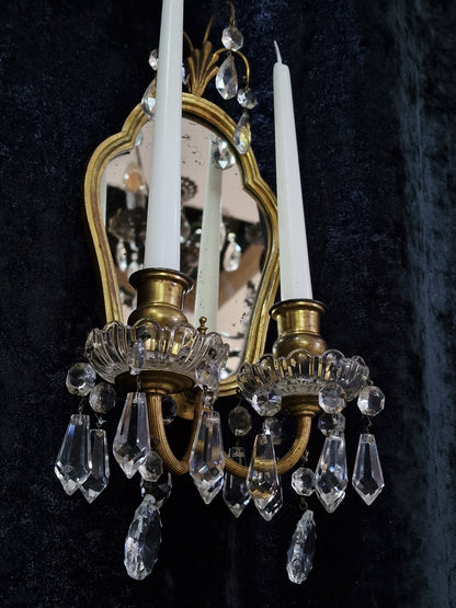 Gorgeous Pair Antique French 2 Arm Brass Crystal Candle Mirror Wall Sconces
