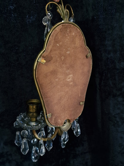 Gorgeous Pair Antique French 2 Arm Brass Crystal Candle Mirror Wall Sconces