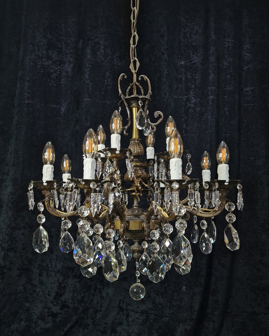 Beautiful Vintage French 8 Arm 12 Light Brass Crystal Cherub Chandelier Ceiling
