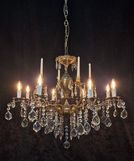 RESERVED Stunning Large Vintage Italian 8 Light 4 Candle Brass and Crystal Chandelier