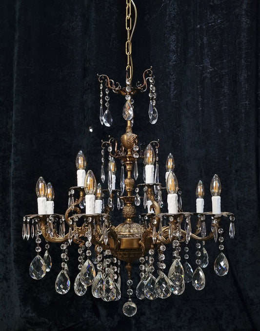 Stunning Vintage French 8 Arm 12 Light Brass Foliage Crystal Chandelier Light