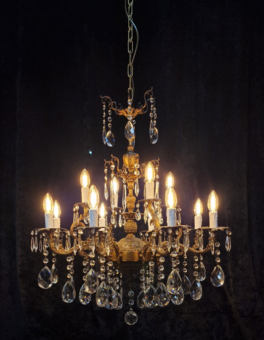 Stunning Vintage French 8 Arm 12 Light Brass Foliage Crystal Chandelier Light