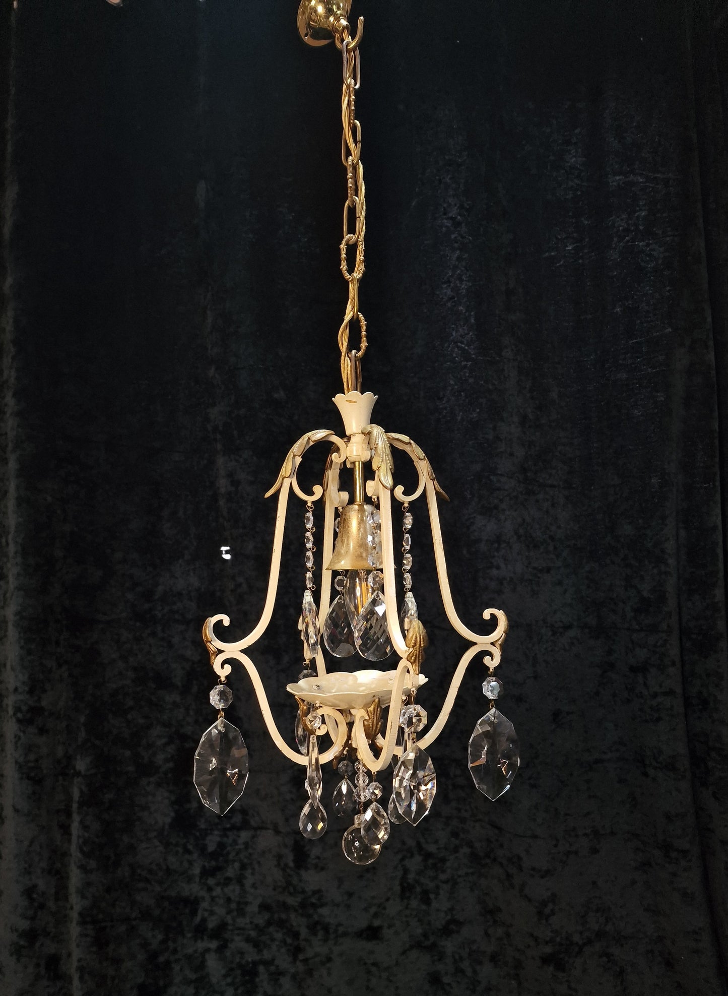 Lovely Vintage Italian 1 Light Iron Caged Cream and Gilded Crystal Chandelier