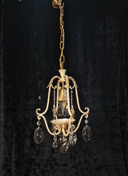 Lovely Vintage Italian 1 Light Iron Caged Cream and Gilded Crystal Chandelier