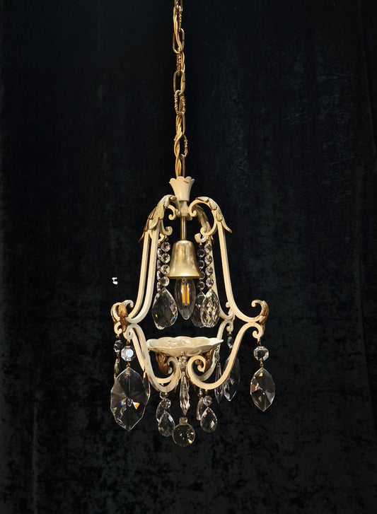 Lovely Vintage Italian 1 Light Iron Caged Cream and Gilded Crystal Chandelier