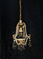 Lovely Vintage Italian 1 Light Iron Caged Cream and Gilded Crystal Chandelier