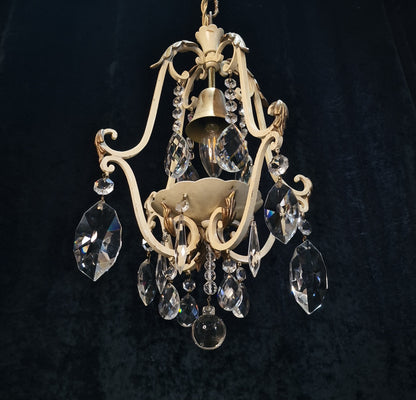 Lovely Vintage Italian 1 Light Iron Caged Cream and Gilded Crystal Chandelier