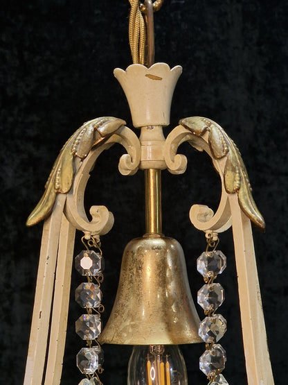 Lovely Vintage Italian 1 Light Iron Caged Cream and Gilded Crystal Chandelier