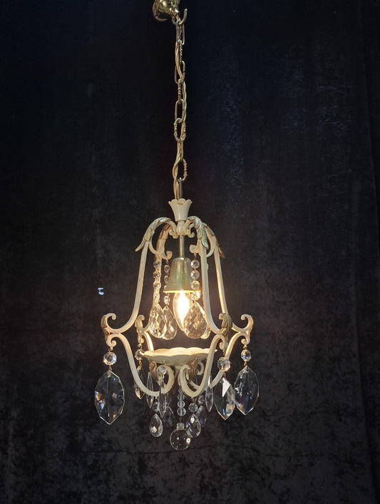 Lovely Vintage Italian 1 Light Iron Caged Cream and Gilded Crystal Chandelier