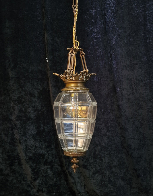 Beautiful Antique French 1 Light Geometric Glass Brass Lantern Ceiling Light