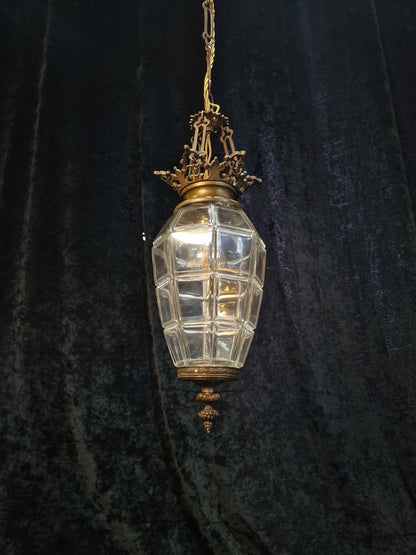 Beautiful Antique French 1 Light Geometric Glass Brass Lantern Ceiling Light
