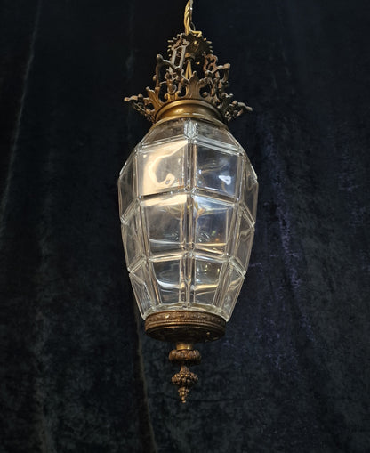 Beautiful Antique French 1 Light Geometric Glass Brass Lantern Ceiling Light