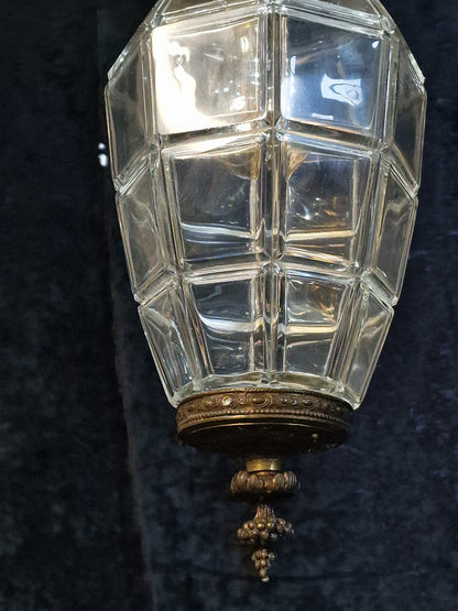 Beautiful Antique French 1 Light Geometric Glass Brass Lantern Ceiling Light