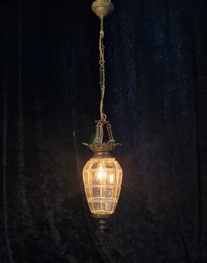 Beautiful Antique French 1 Light Geometric Glass Brass Lantern Ceiling Light