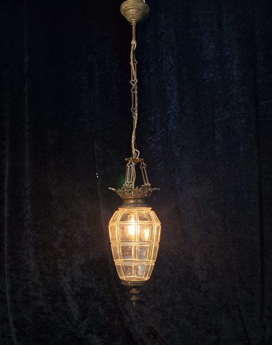 Beautiful Antique French 1 Light Geometric Glass Brass Lantern Ceiling Light