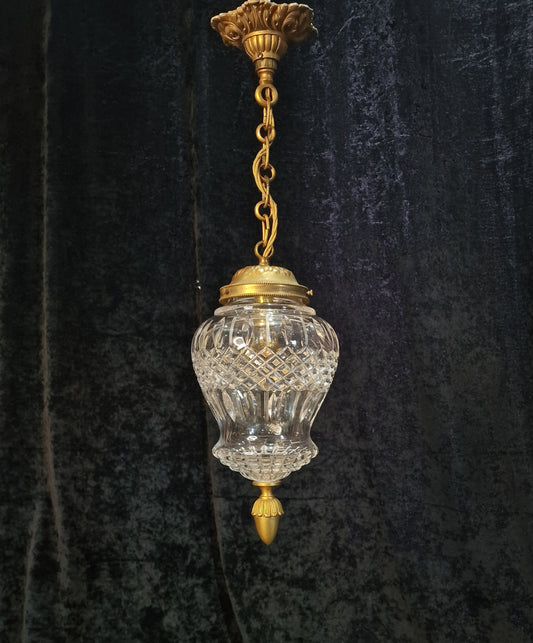 Fabulous Heavy Antique French Cut Glass Crystal Brass Lantern Ceiling Light