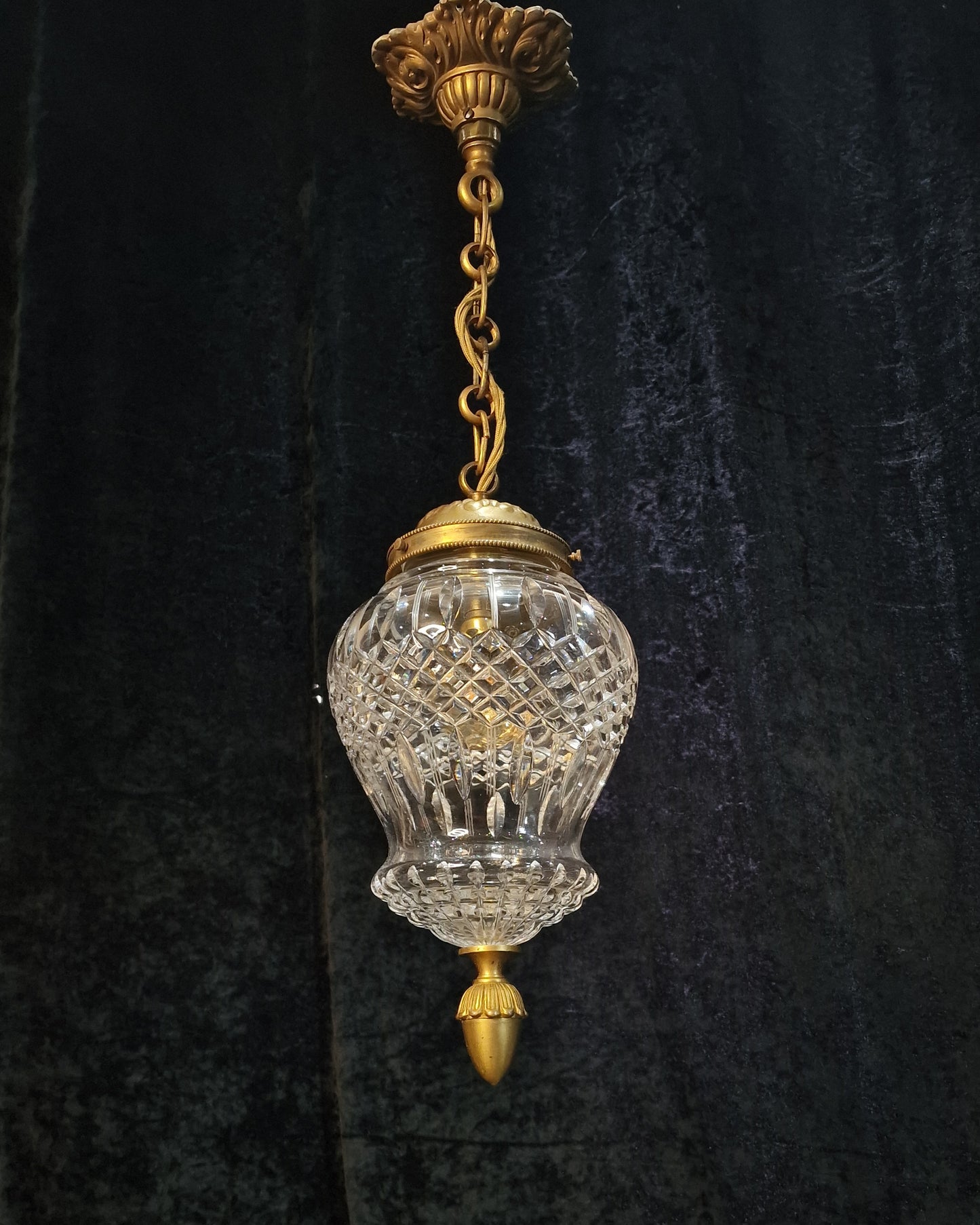 Fabulous Heavy Antique French Cut Glass Crystal Brass Lantern Ceiling Light