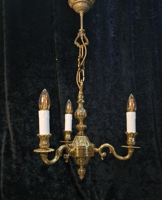 Beautiful Vintage French 3 Arm Heavy Brass Foliage Chandelier Ceiling Light