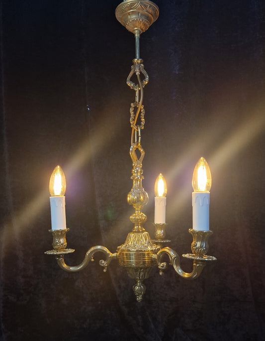 Beautiful Vintage French 3 Arm Heavy Brass Foliage Chandelier Ceiling Light