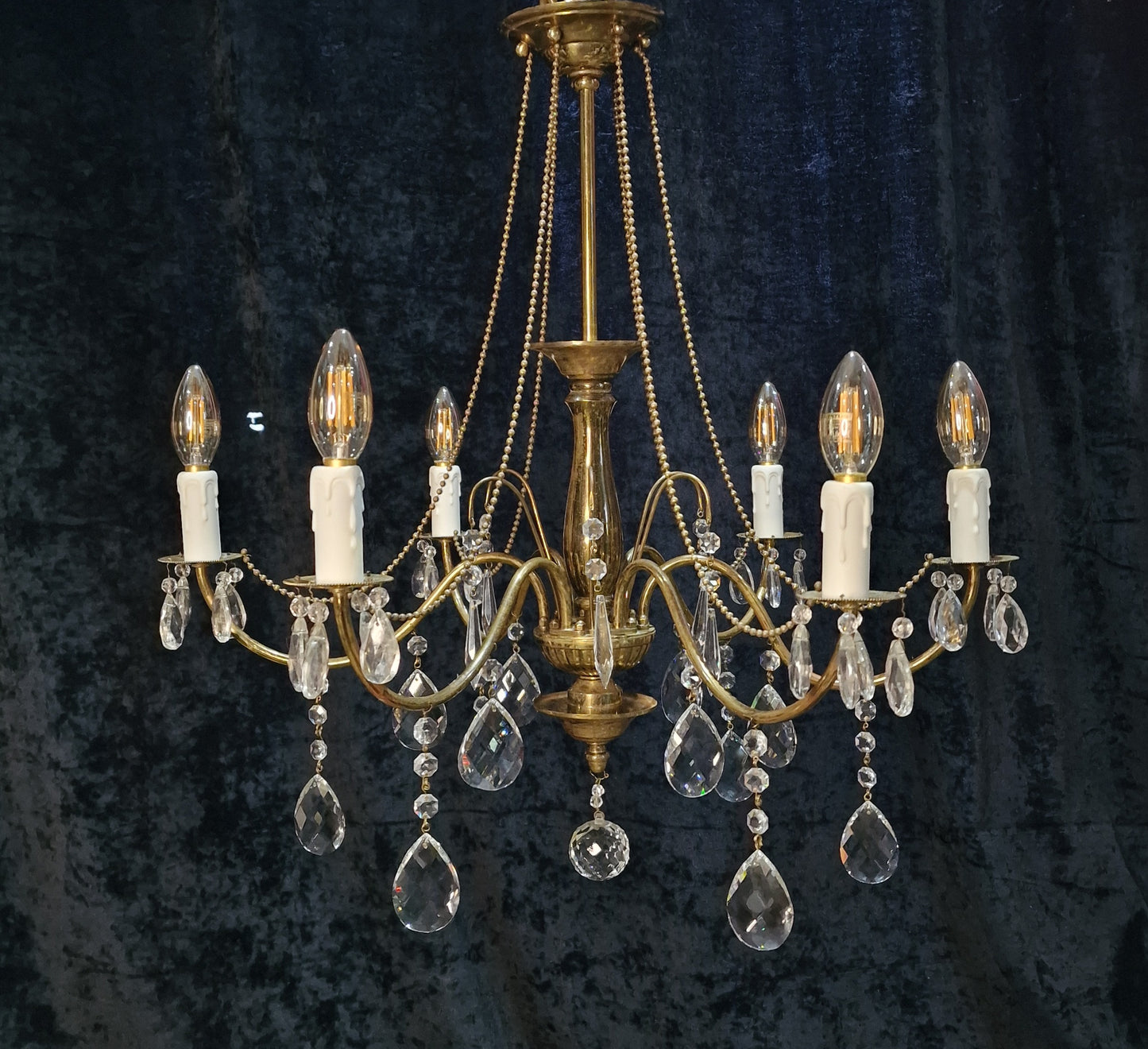 Elegant Vintage Italian 6 Arm Brass and Crystal Beaded Chandelier Ceiling Light