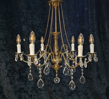 Elegant Vintage Italian 6 Arm Brass and Crystal Beaded Chandelier Ceiling Light